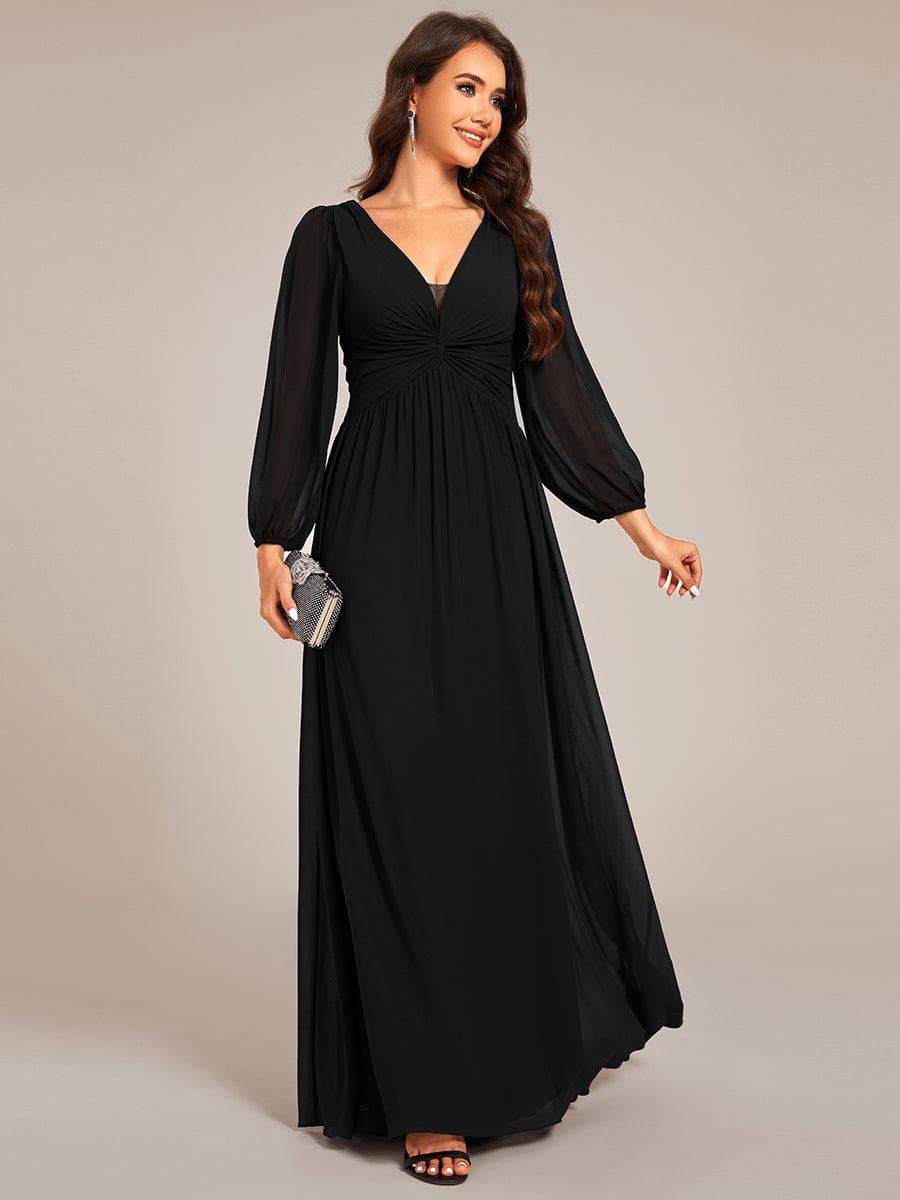 V-Neck Twist Front Long Sleeve Chiffon Evening Maxi Dress #color_Black