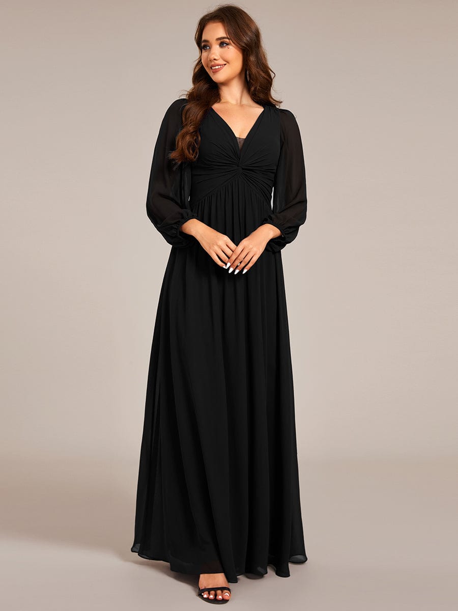 V-Neck Twist Front Long Sleeve Chiffon Evening Maxi Dress #color_Black