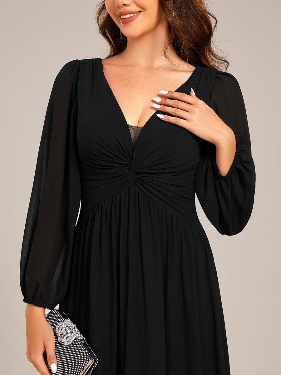 V-Neck Twist Front Long Sleeve Chiffon Evening Maxi Dress #color_Black