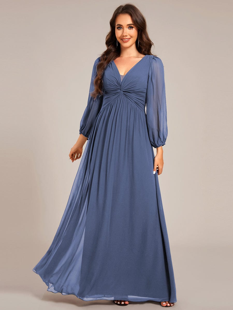 V-Neck Twist Front Long Sleeve Chiffon Evening Maxi Dress #color_Dusty Blue