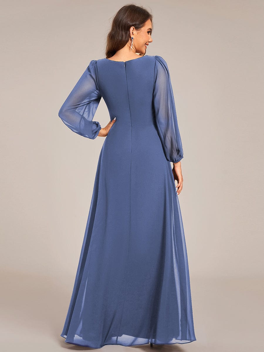 V-Neck Twist Front Long Sleeve Chiffon Evening Maxi Dress #color_Dusty Blue