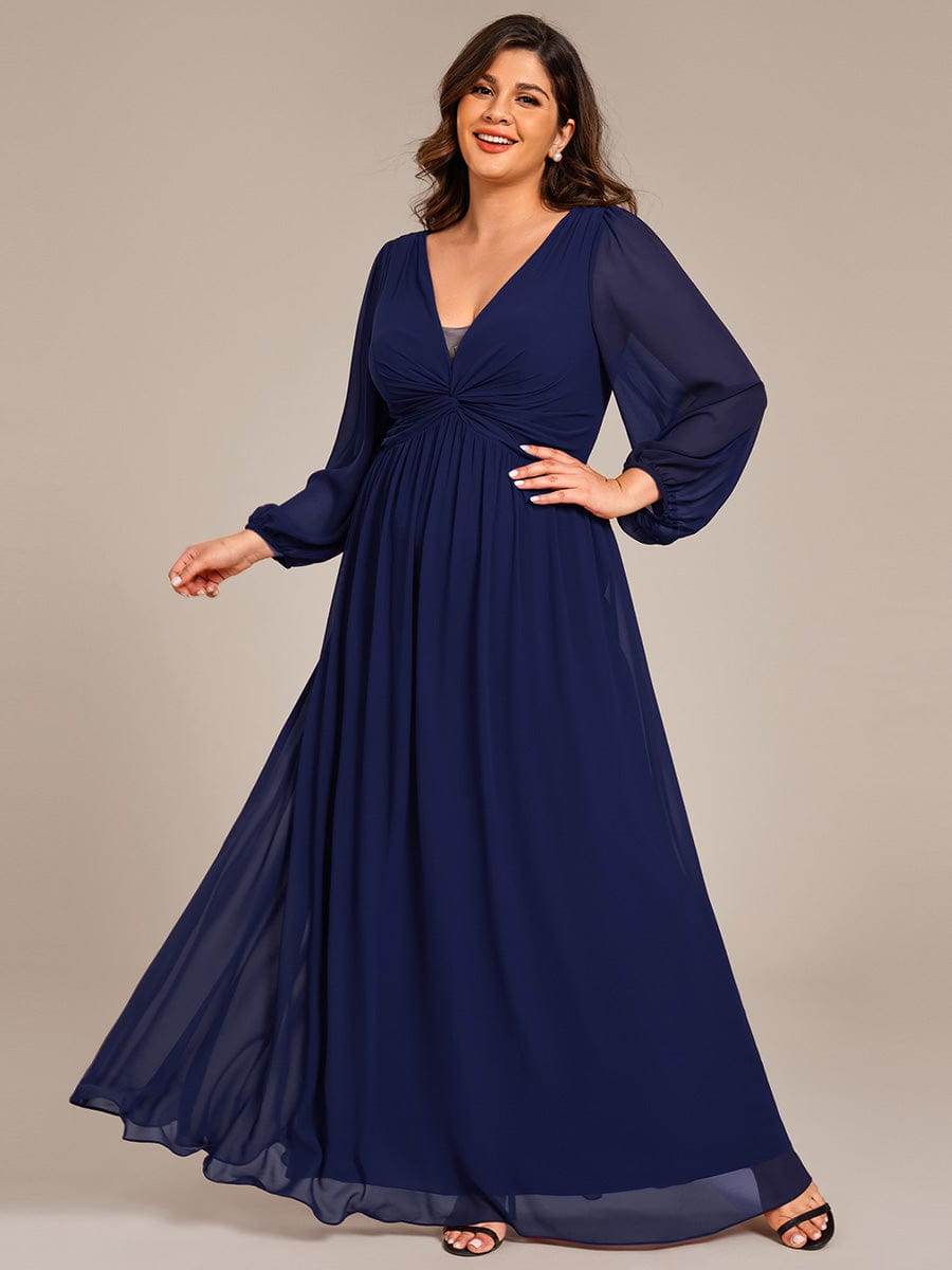 V-Neck Twist Front Long Sleeve Chiffon Evening Maxi Dress #color_Navy Blue