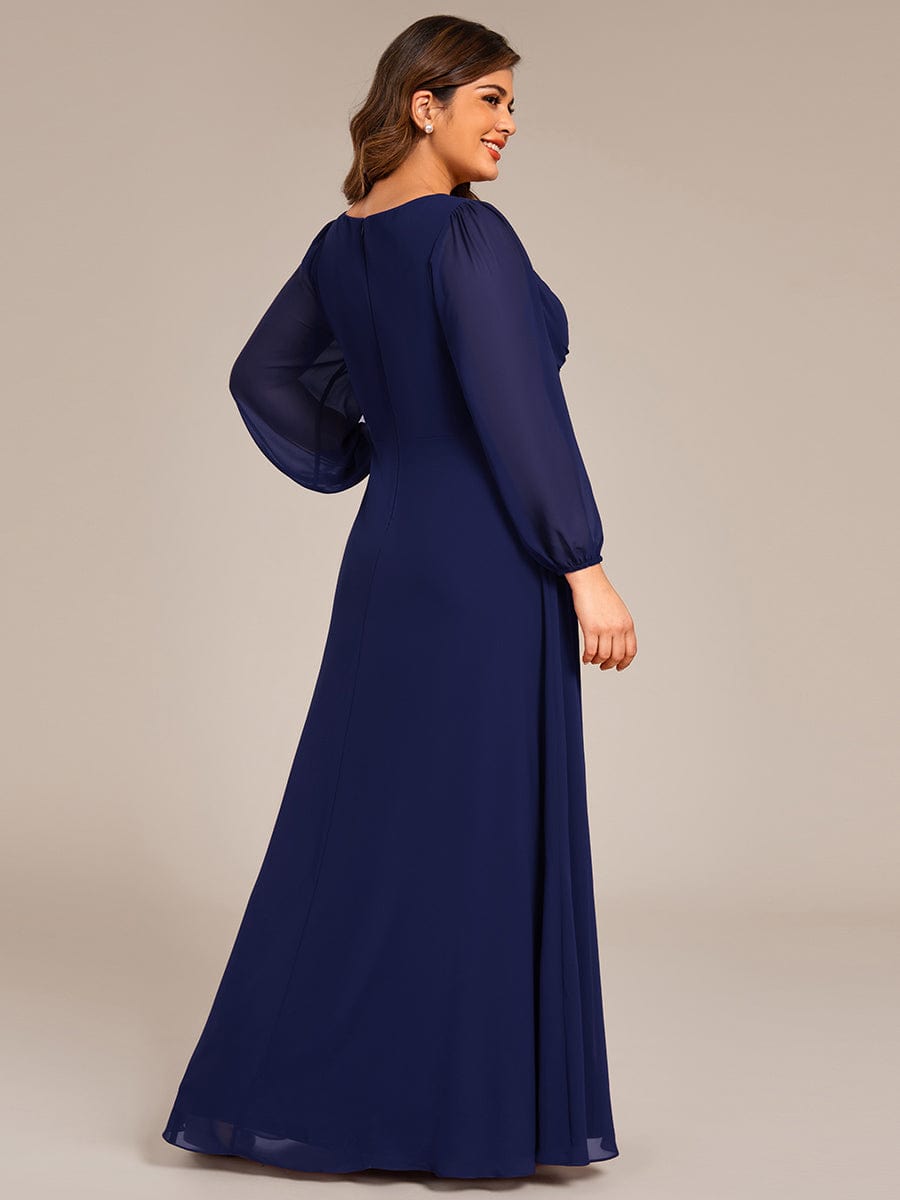 V-Neck Twist Front Long Sleeve Chiffon Evening Maxi Dress #color_Navy Blue