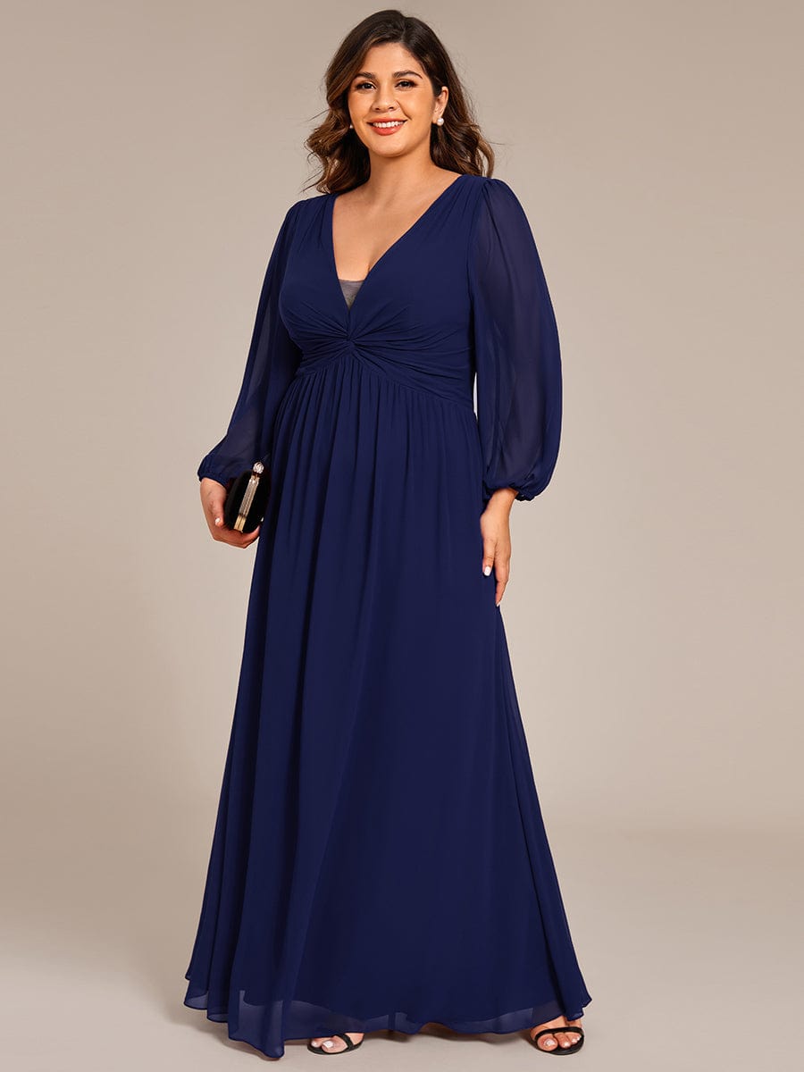 V-Neck Twist Front Long Sleeve Chiffon Evening Maxi Dress #color_Navy Blue