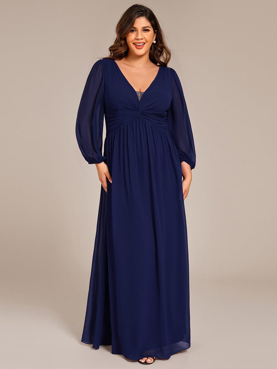 V-Neck Twist Front Long Sleeve Chiffon Evening Maxi Dress #color_Navy Blue