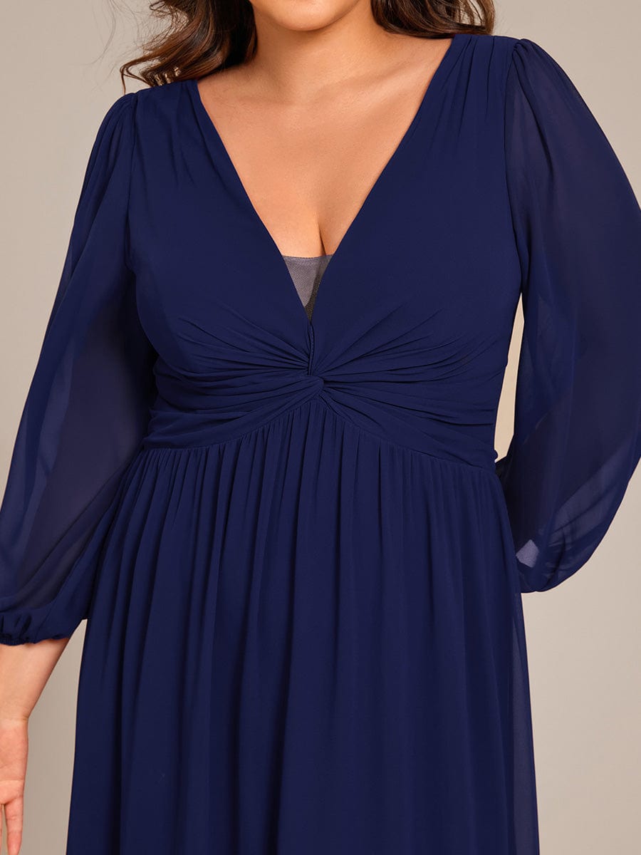 V-Neck Twist Front Long Sleeve Chiffon Evening Maxi Dress #color_Navy Blue