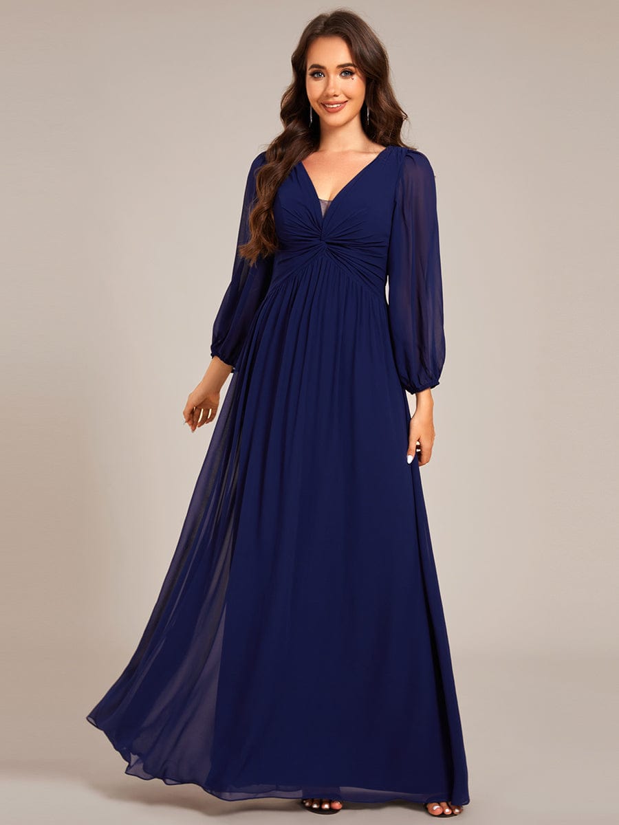 V-Neck Twist Front Long Sleeve Chiffon Evening Maxi Dress #color_Navy Blue