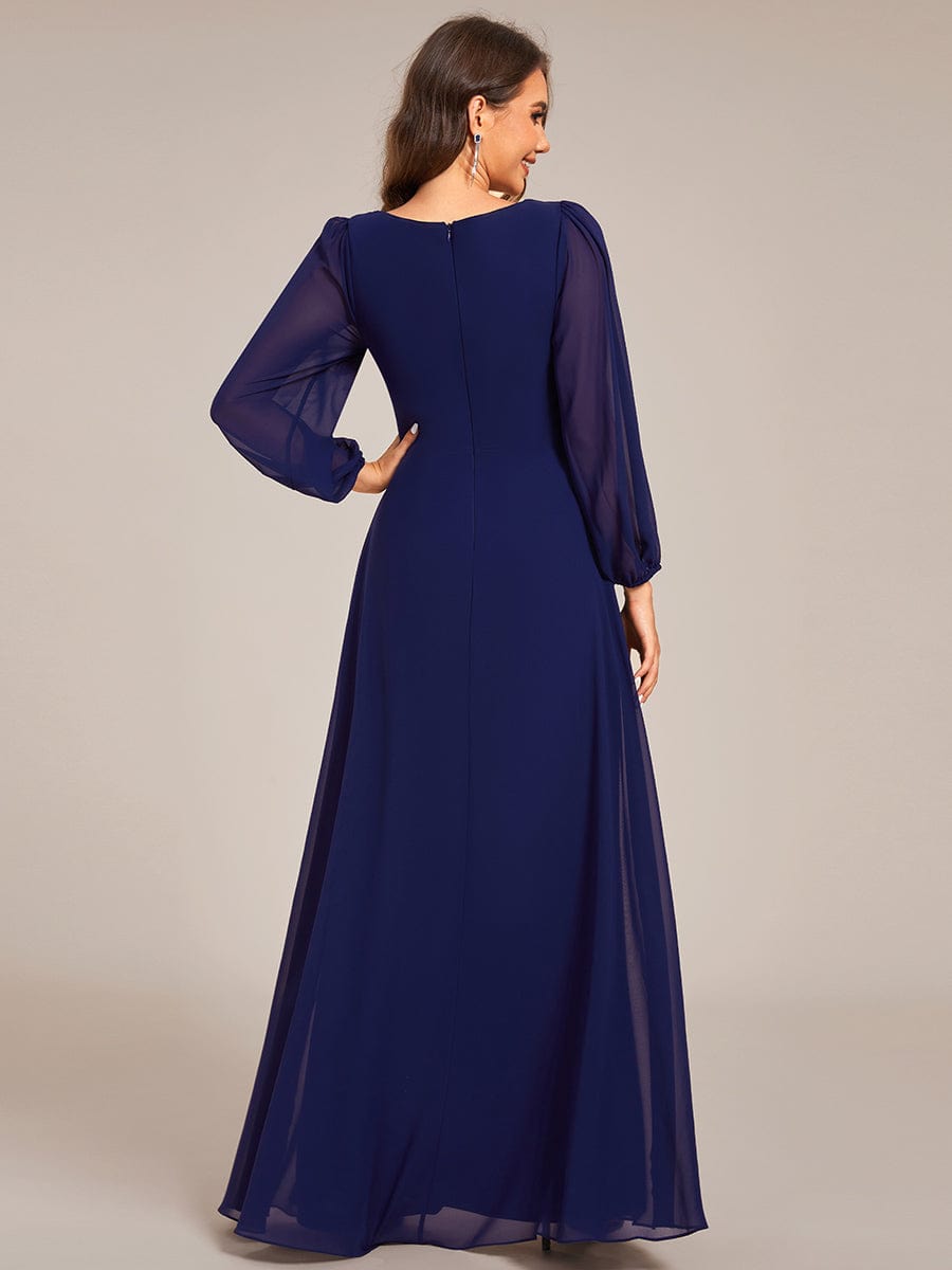 V-Neck Twist Front Long Sleeve Chiffon Evening Maxi Dress #color_Navy Blue