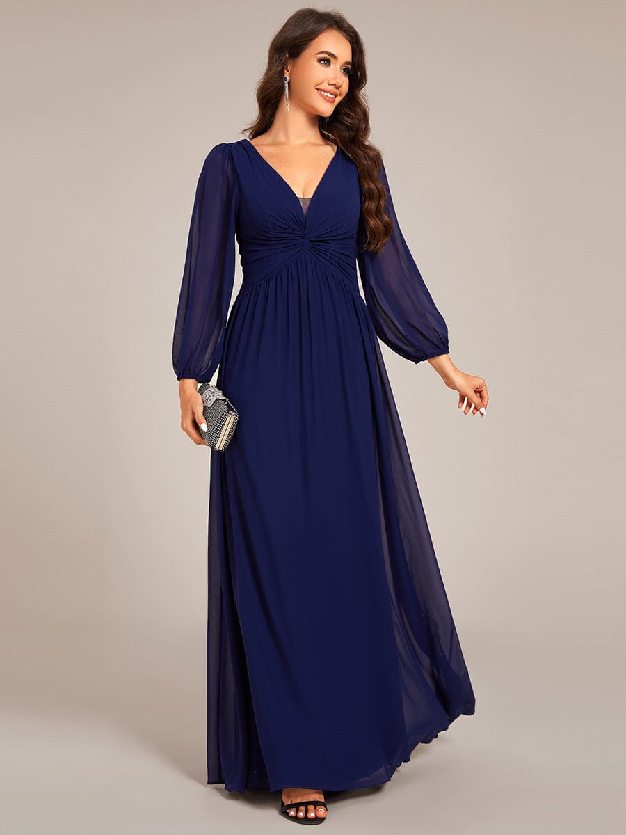 V-Neck Twist Front Long Sleeve Chiffon Evening Maxi Dress #color_Navy Blue