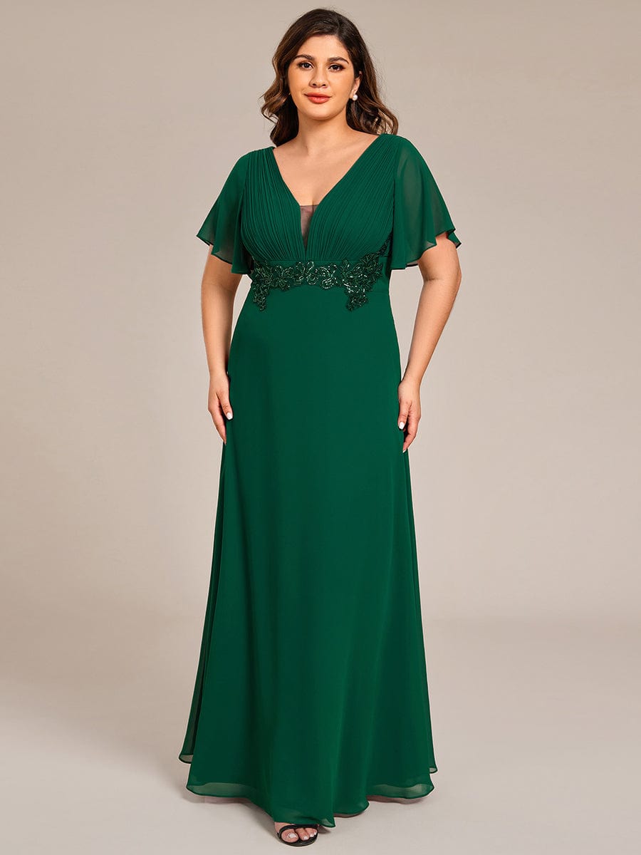 Deep V-Neck Empire Waist Applique Evening Maxi Dress With Pleats #color_Dark Green