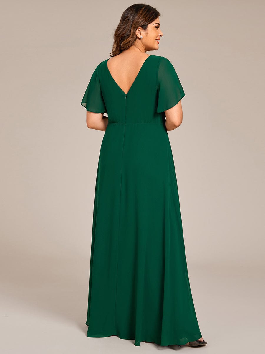 Deep V-Neck Empire Waist Applique Evening Maxi Dress With Pleats #color_Dark Green