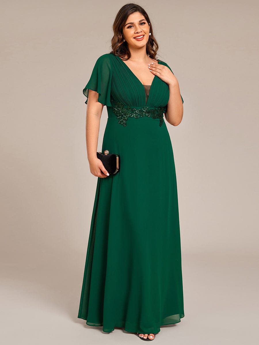 Deep V-Neck Empire Waist Applique Evening Maxi Dress With Pleats #color_Dark Green