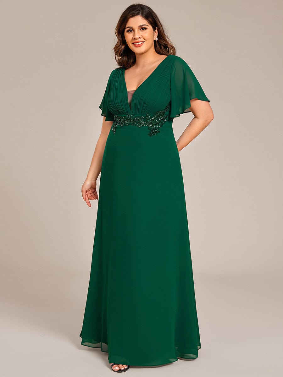 Deep V-Neck Empire Waist Applique Evening Maxi Dress With Pleats #color_Dark Green