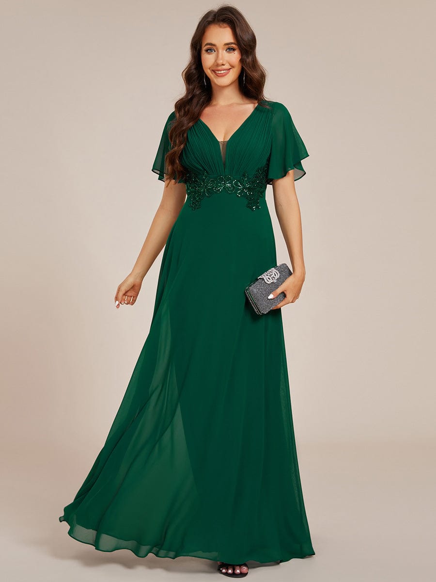 Deep V-Neck Empire Waist Applique Evening Maxi Dress With Pleats #color_Dark Green