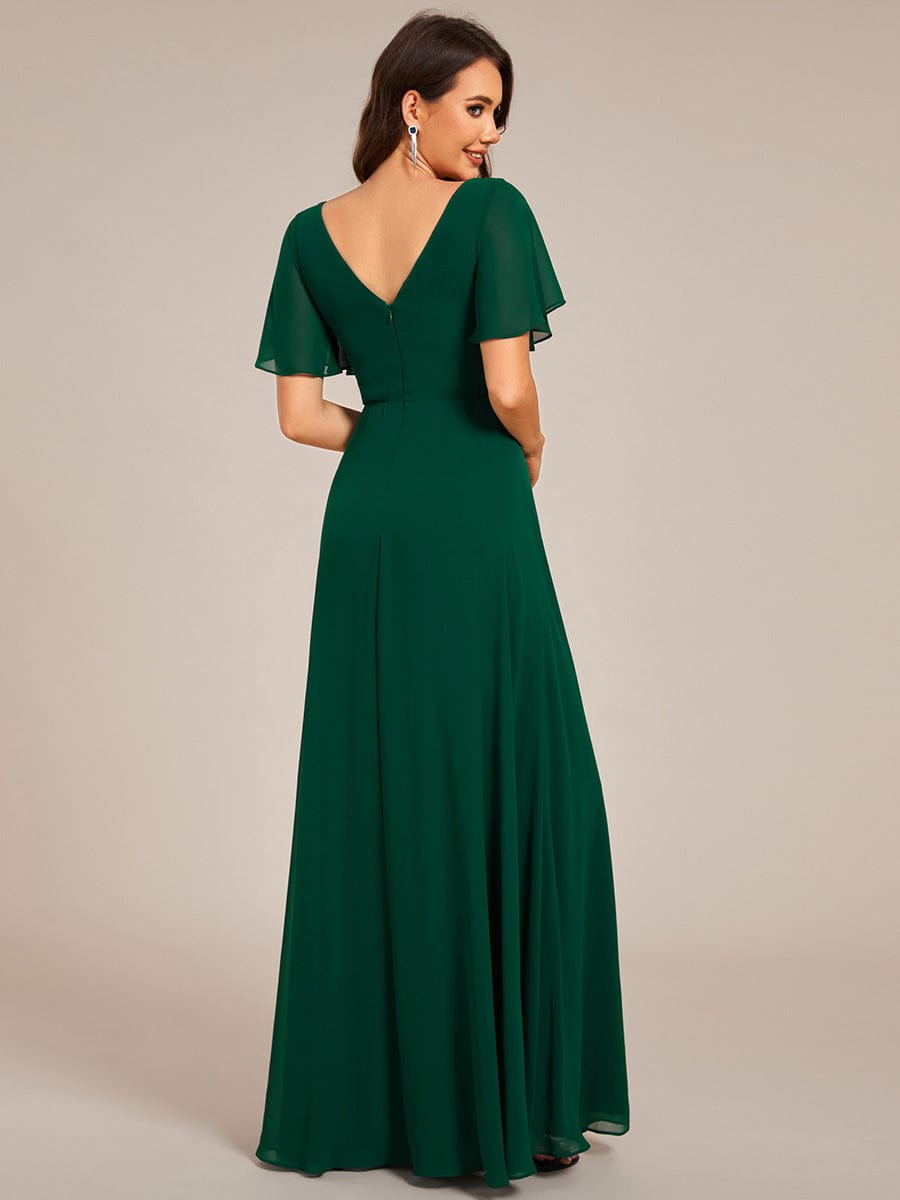 Deep V-Neck Empire Waist Applique Evening Maxi Dress With Pleats #color_Dark Green