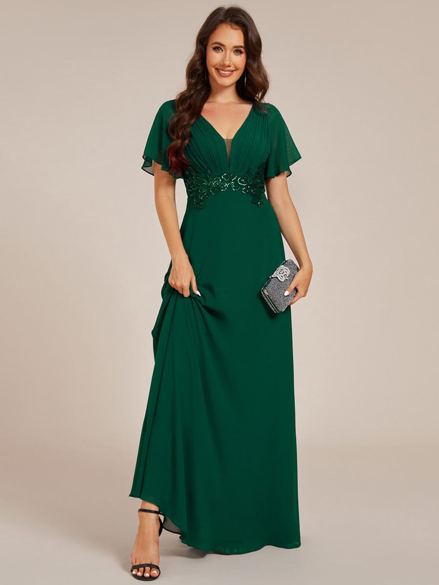 Deep V-Neck Empire Waist Applique Evening Maxi Dress With Pleats #color_Dark Green