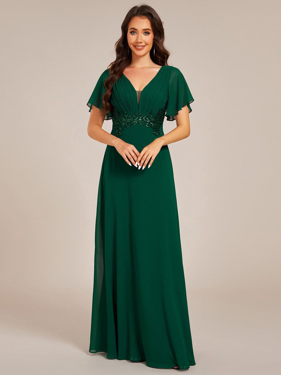 Deep V-Neck Empire Waist Applique Evening Maxi Dress With Pleats #color_Dark Green