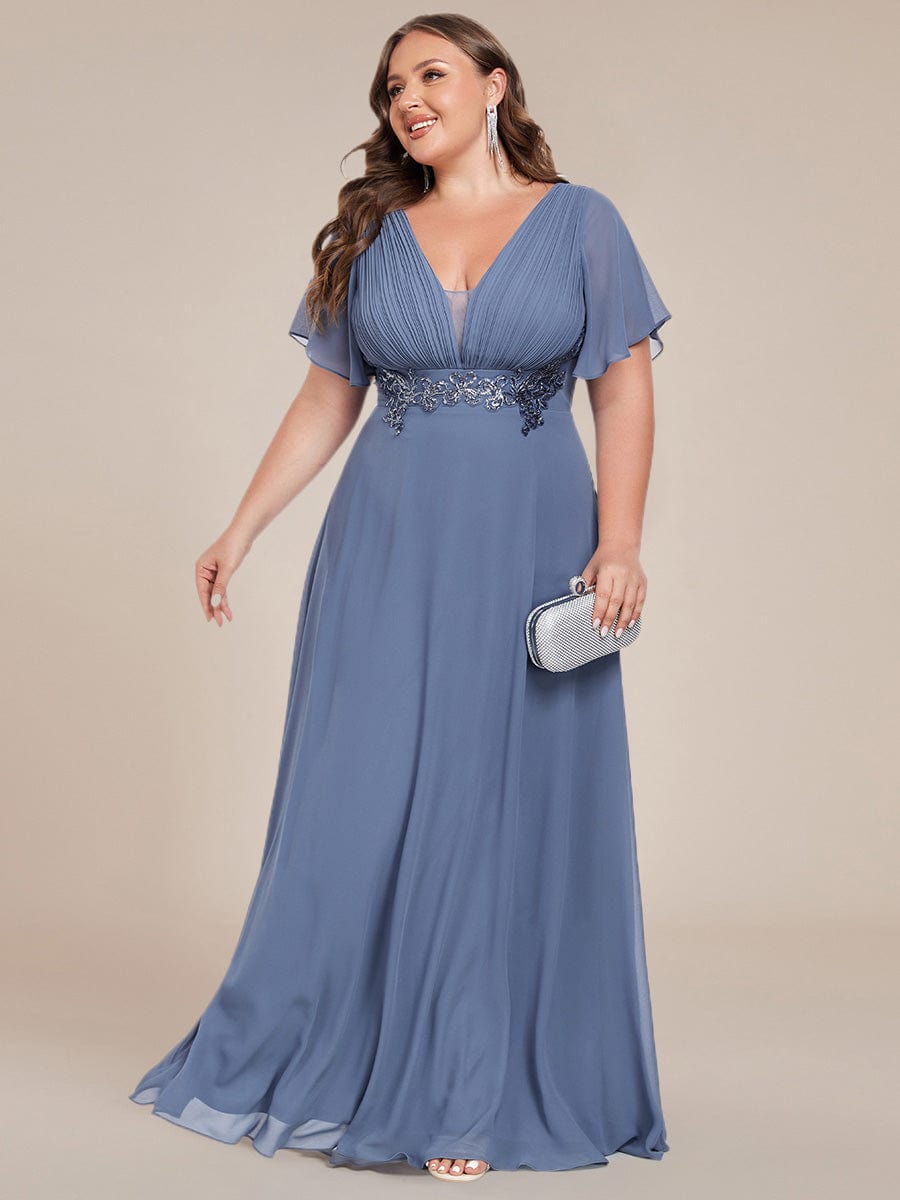 Deep V-Neck Empire Waist Applique Evening Maxi Dress With Pleats #color_Dusty Navy