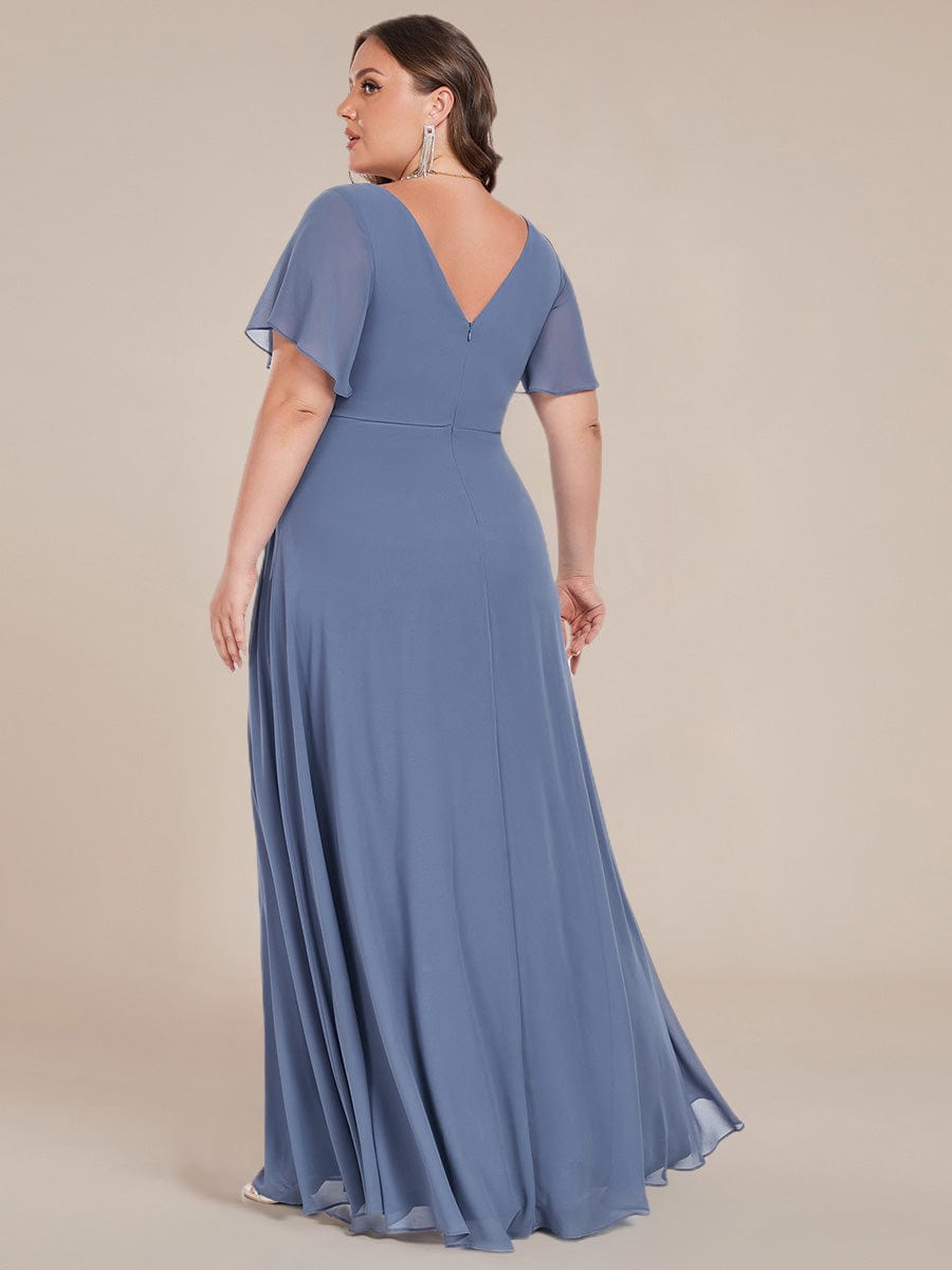 Deep V-Neck Empire Waist Applique Evening Maxi Dress With Pleats #color_Dusty Blue