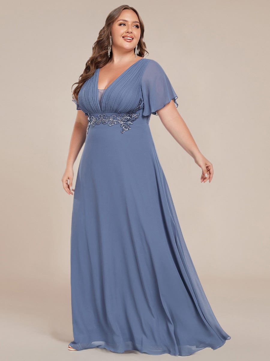 Deep V-Neck Empire Waist Applique Evening Maxi Dress With Pleats #color_Dusty Navy