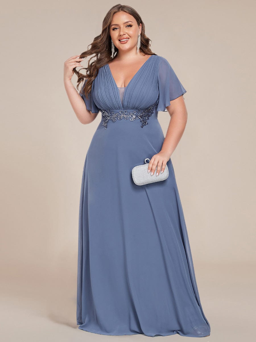 Deep V-Neck Empire Waist Applique Evening Maxi Dress With Pleats #color_Dusty Navy