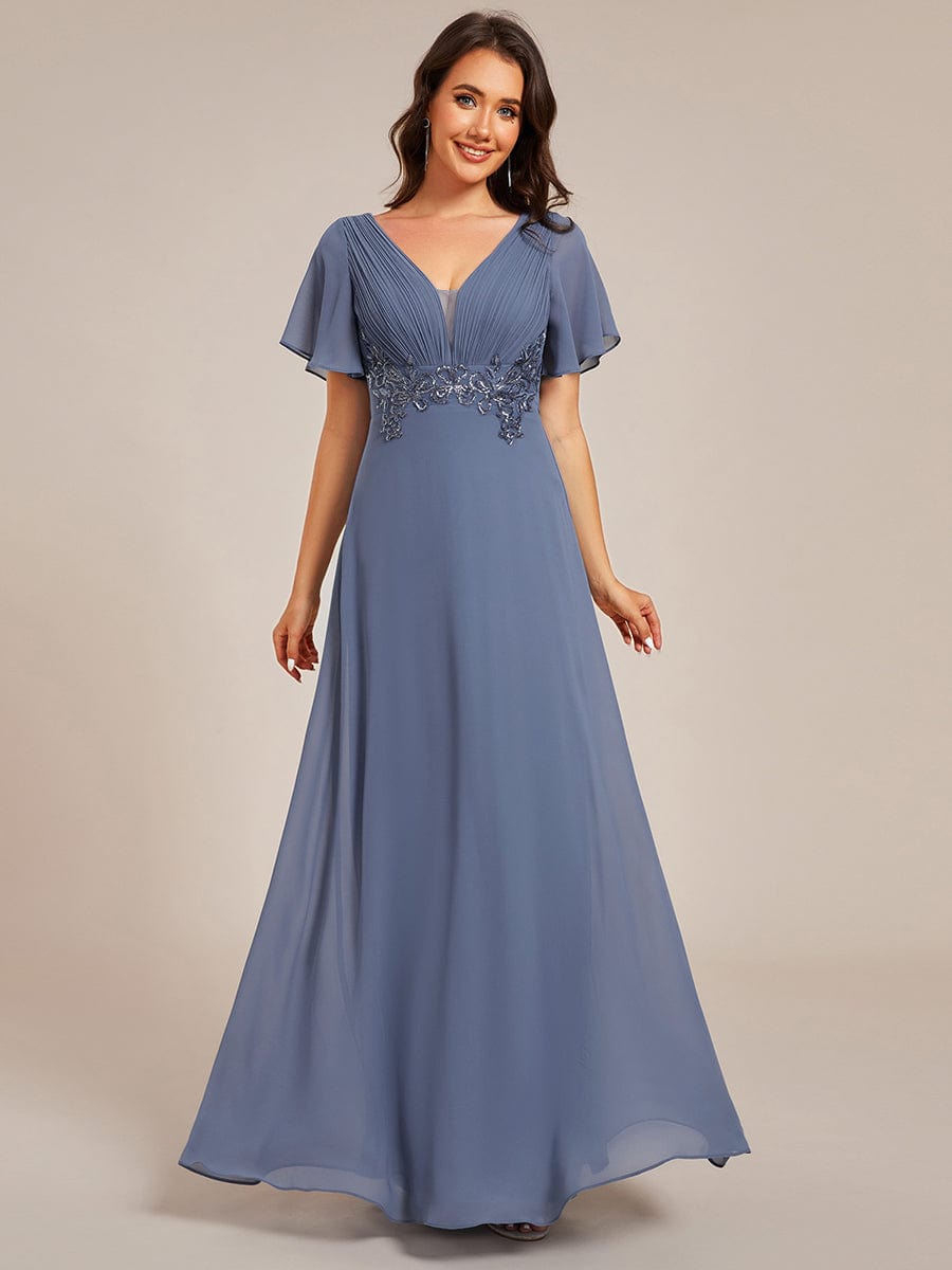 Deep V-Neck Empire Waist Applique Evening Maxi Dress With Pleats #color_Dusty Navy