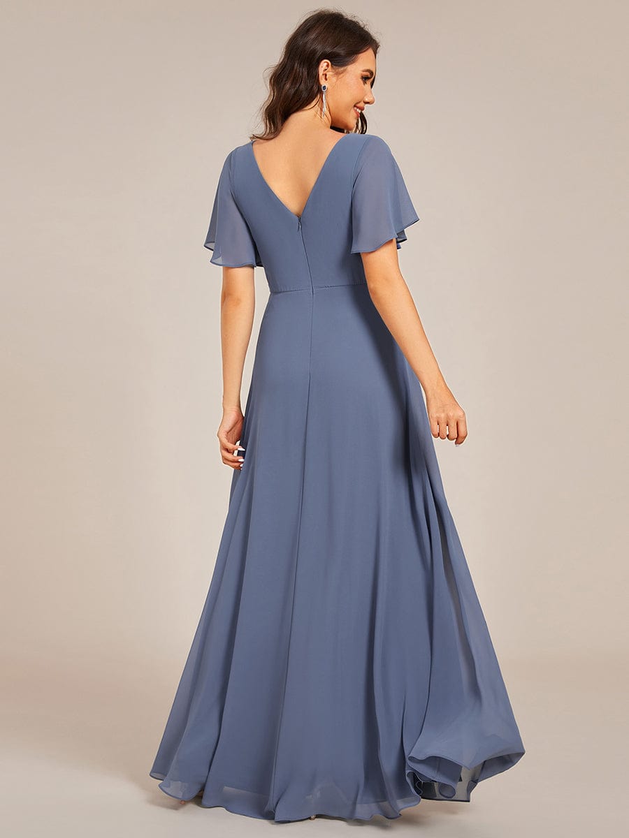 Deep V-Neck Empire Waist Applique Evening Maxi Dress With Pleats #color_Dusty Blue