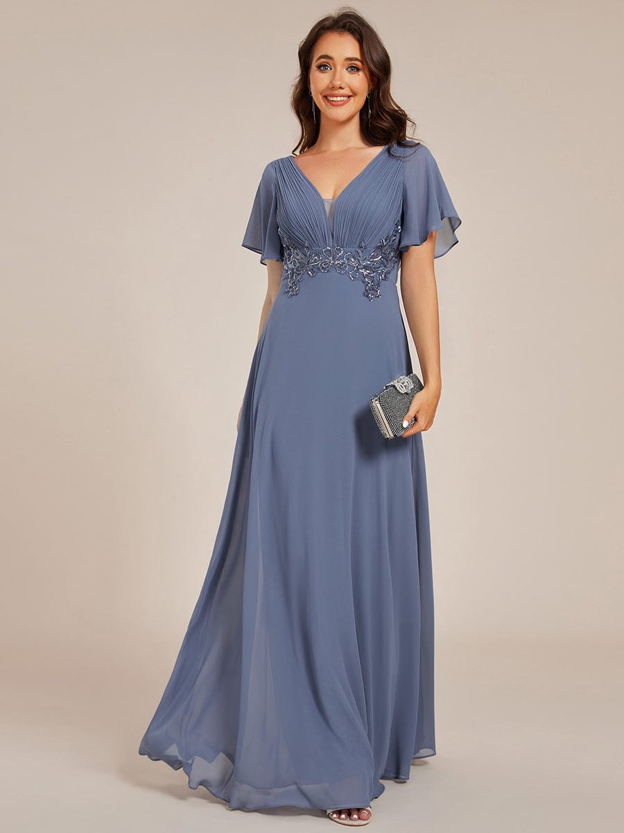 Deep V-Neck Empire Waist Applique Evening Maxi Dress With Pleats #color_Dusty Navy