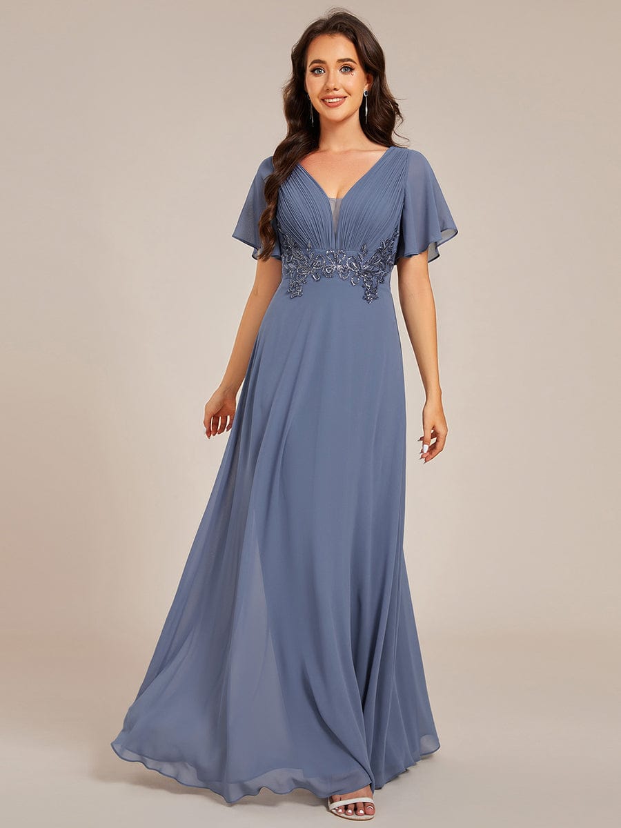 Deep V-Neck Empire Waist Applique Evening Maxi Dress With Pleats #color_Dusty Blue