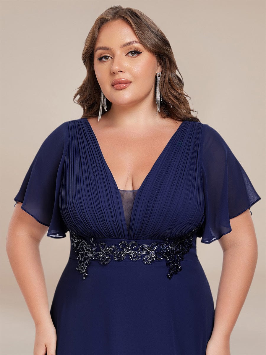 Deep V-Neck Empire Waist Applique Evening Maxi Dress With Pleats #color_Navy Blue