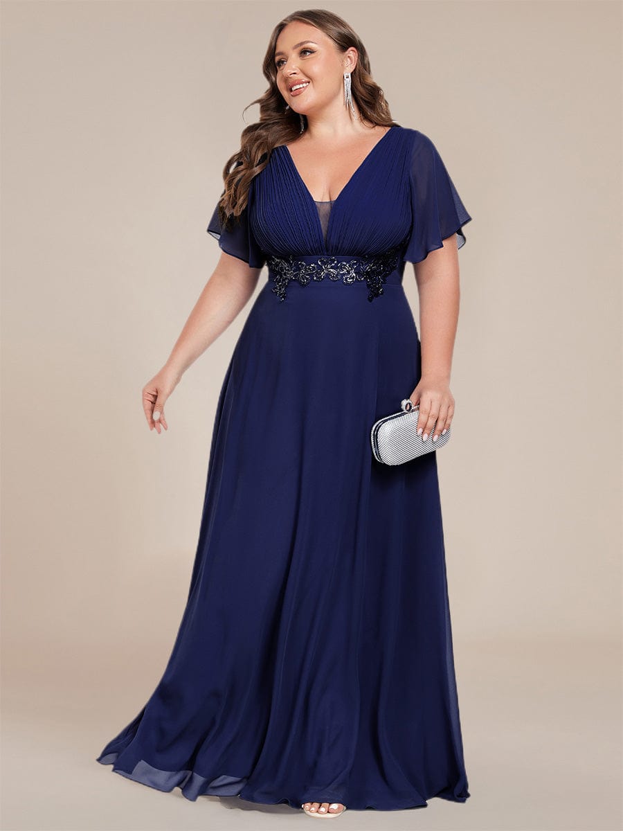 Deep V-Neck Empire Waist Applique Evening Maxi Dress With Pleats #color_Navy Blue