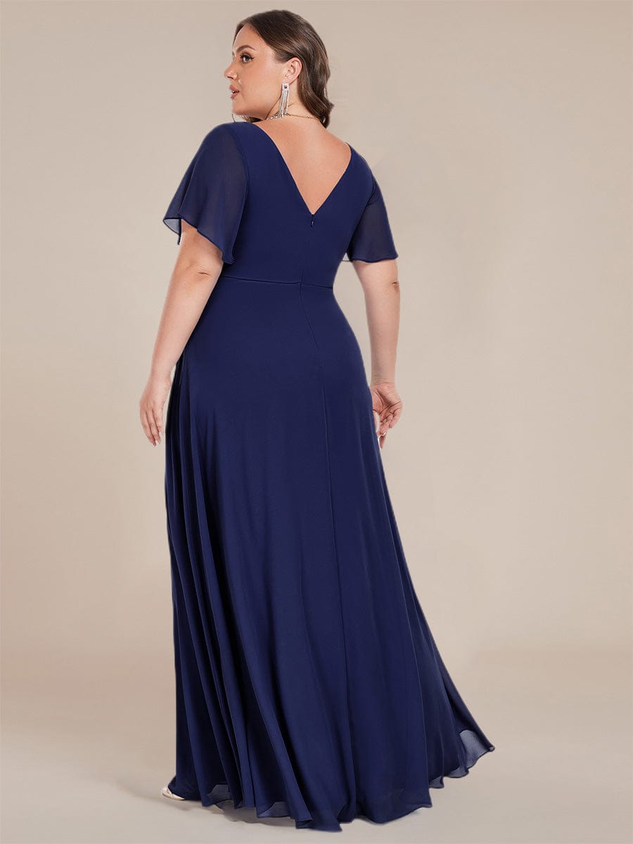 Deep V-Neck Empire Waist Applique Evening Maxi Dress With Pleats #color_Navy Blue