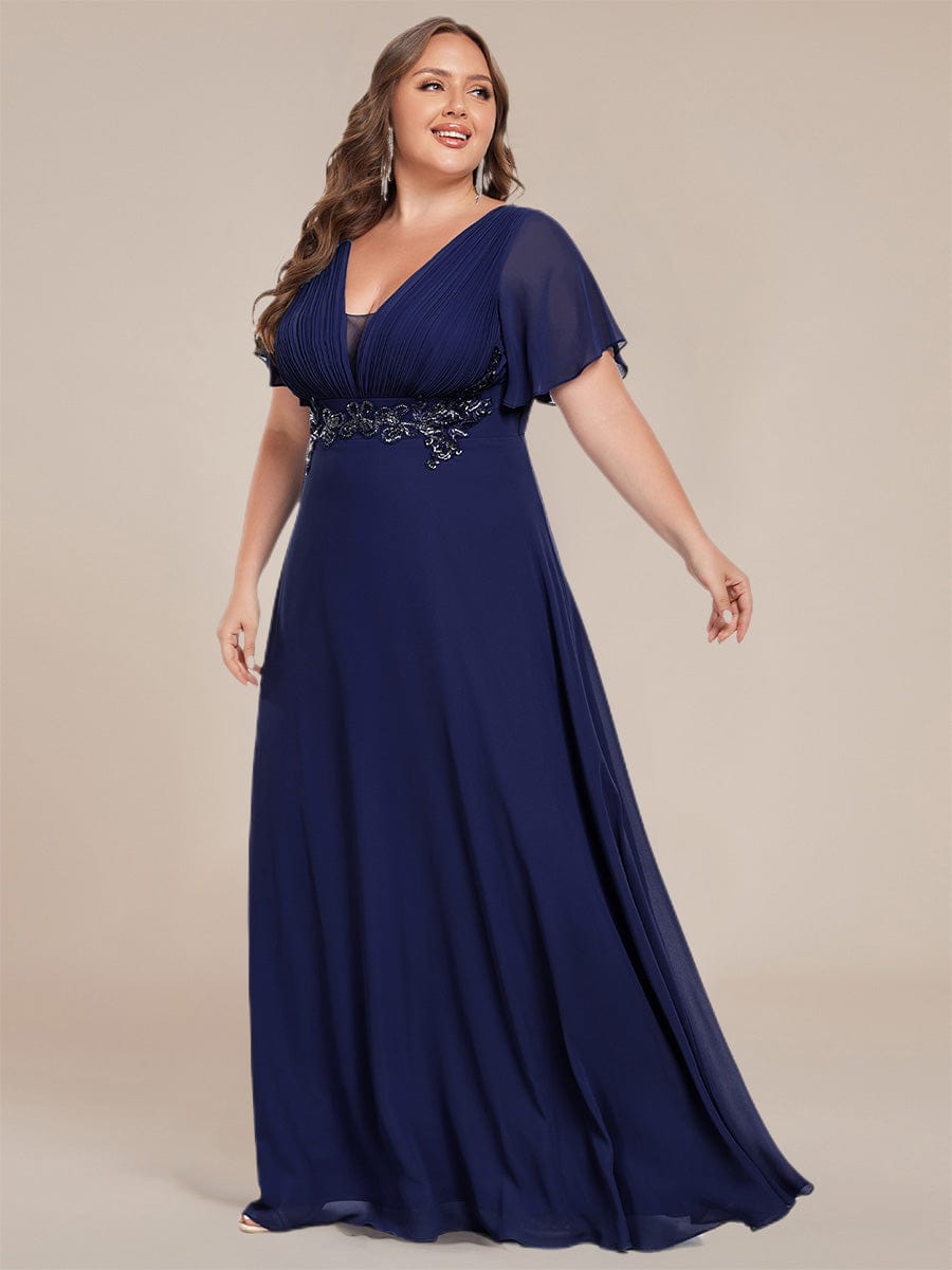 Deep V-Neck Empire Waist Applique Evening Maxi Dress With Pleats #color_Navy Blue