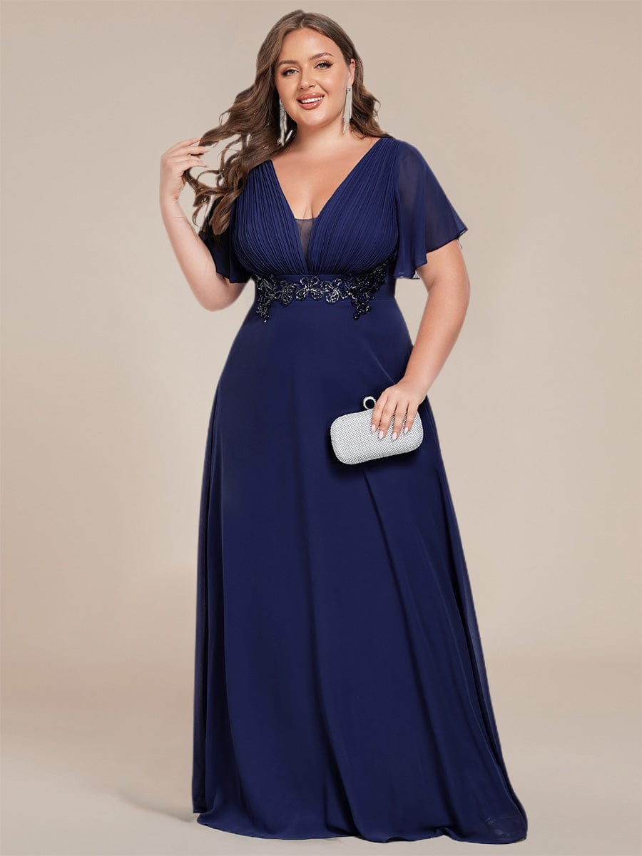 Deep V-Neck Empire Waist Applique Evening Maxi Dress With Pleats #color_Navy Blue