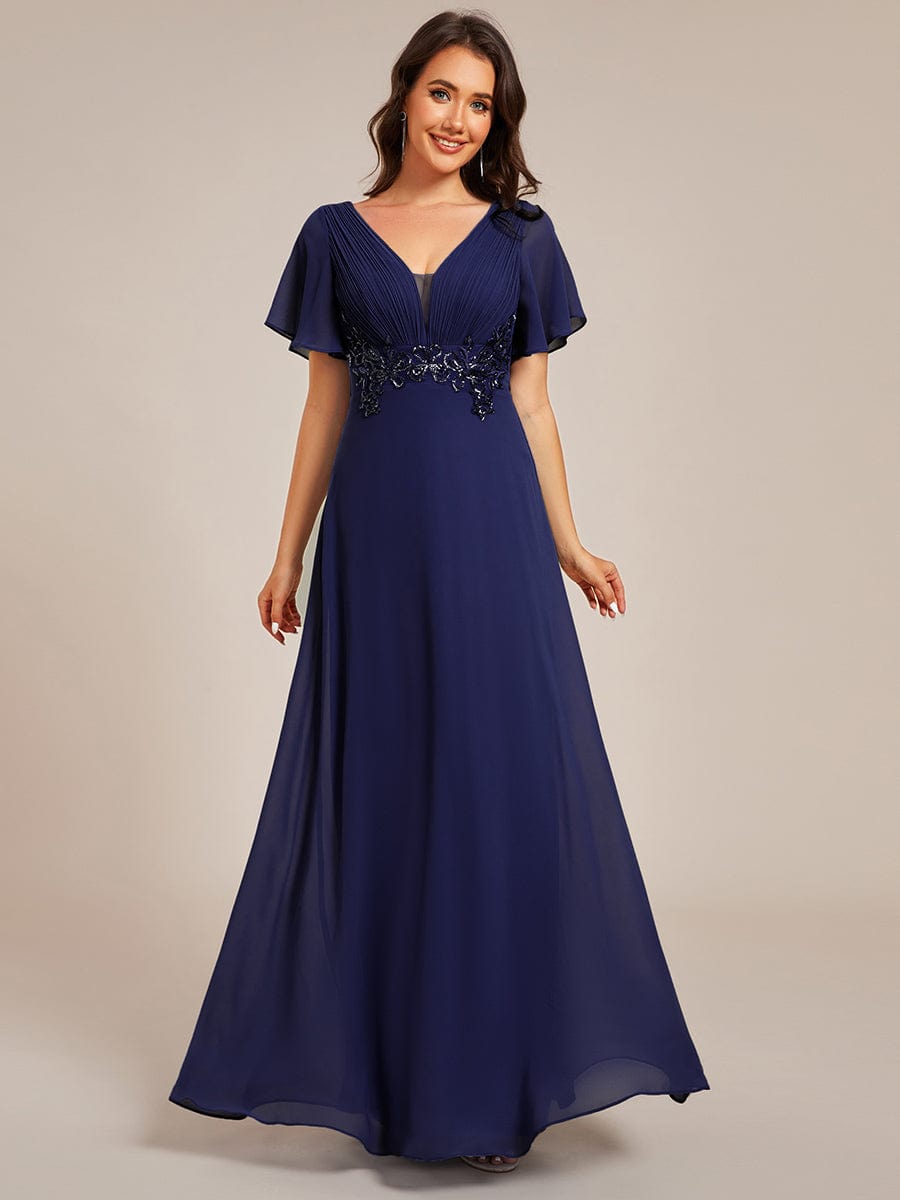 Deep V-Neck Empire Waist Applique Evening Maxi Dress With Pleats #color_Navy Blue