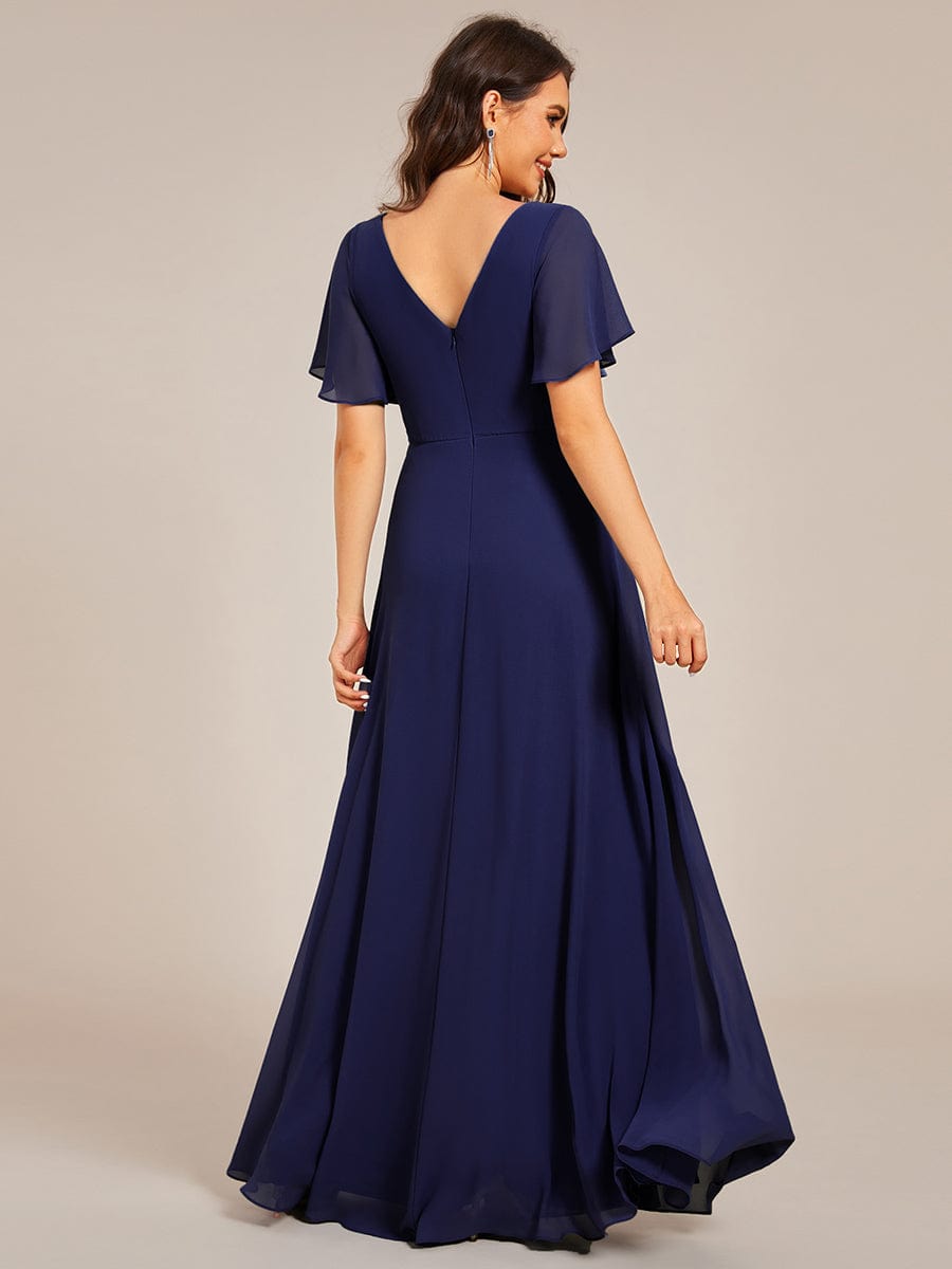 Deep V-Neck Empire Waist Applique Evening Maxi Dress With Pleats #color_Navy Blue