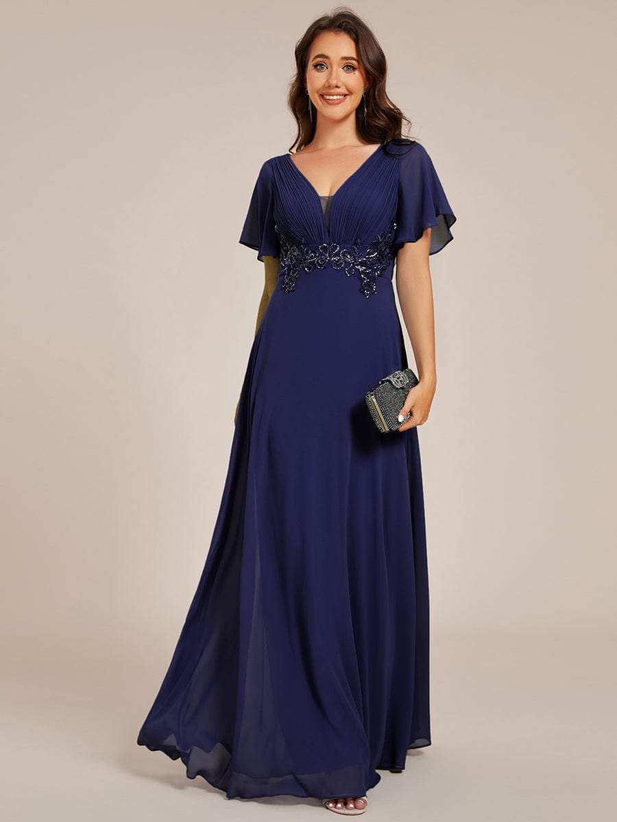 Deep V-Neck Empire Waist Applique Evening Maxi Dress With Pleats #color_Navy Blue