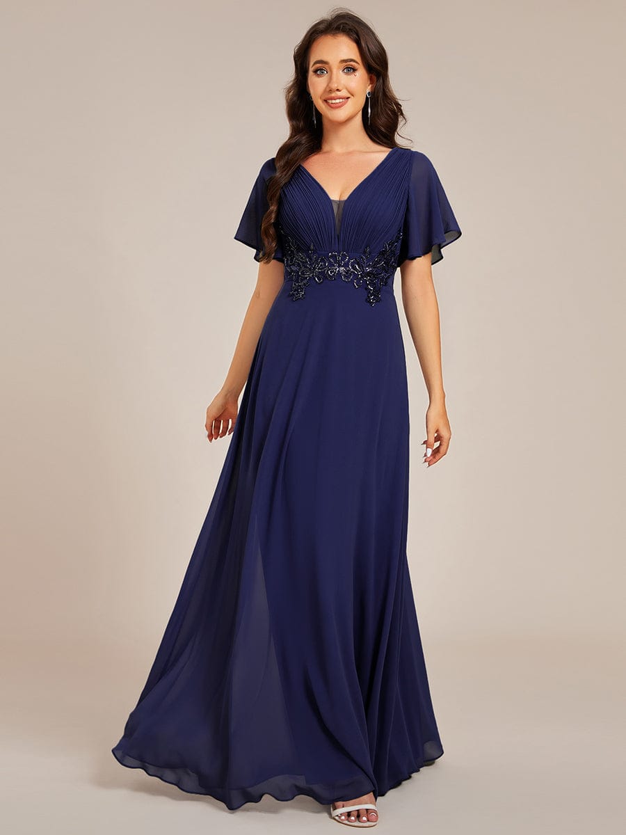 Deep V-Neck Empire Waist Applique Evening Maxi Dress With Pleats #color_Navy Blue