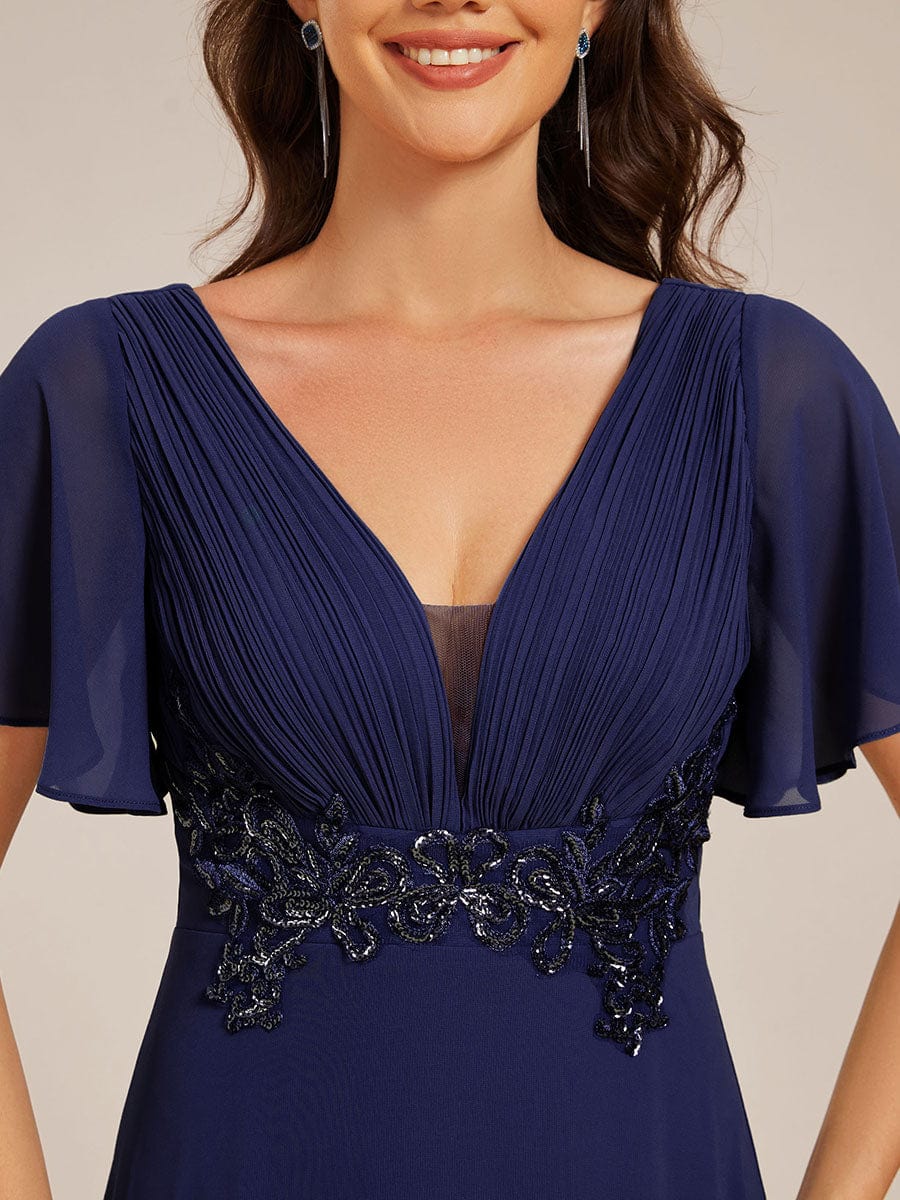 Deep V-Neck Empire Waist Applique Evening Maxi Dress With Pleats #color_Navy Blue