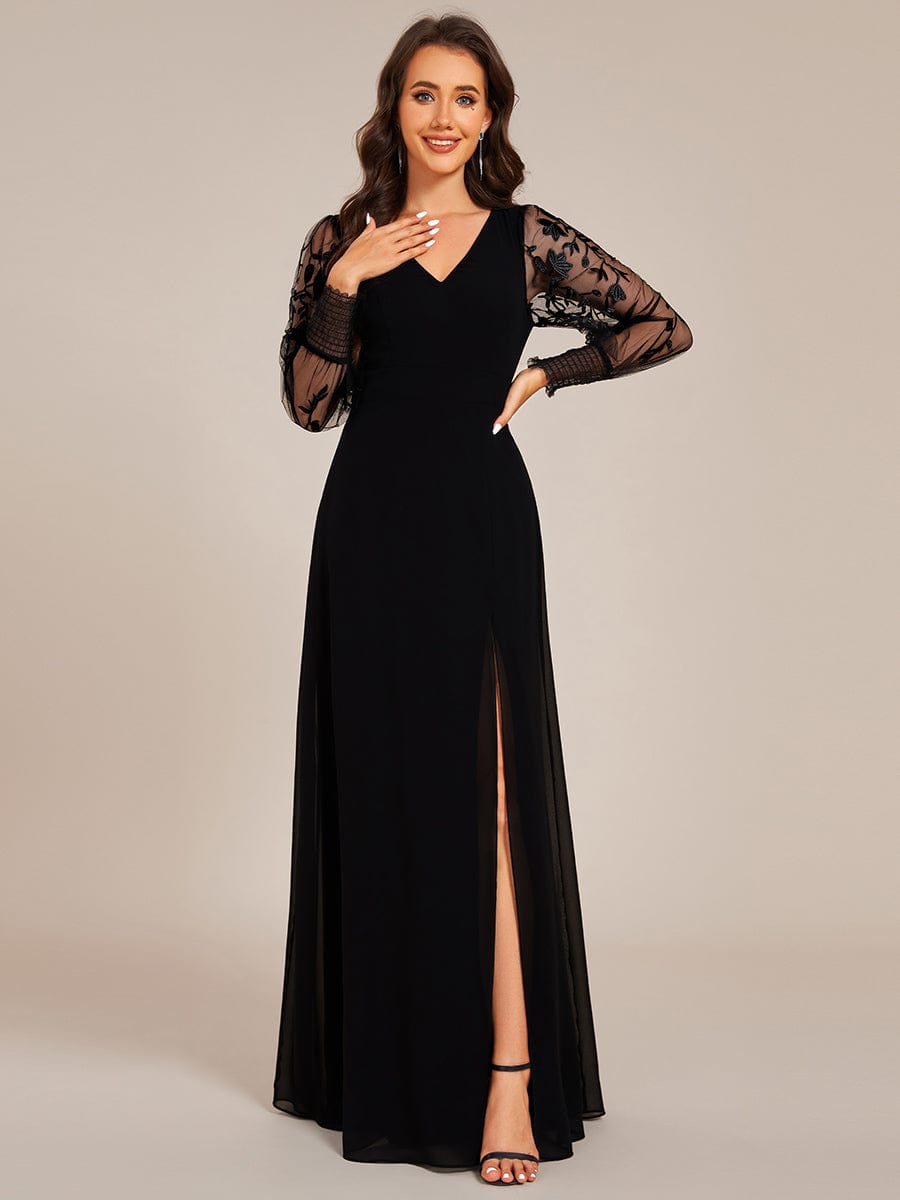 Thigh Split Chiffon Evening Maxi Dress With Sheer Embroidered Long Sleeves #color_Black