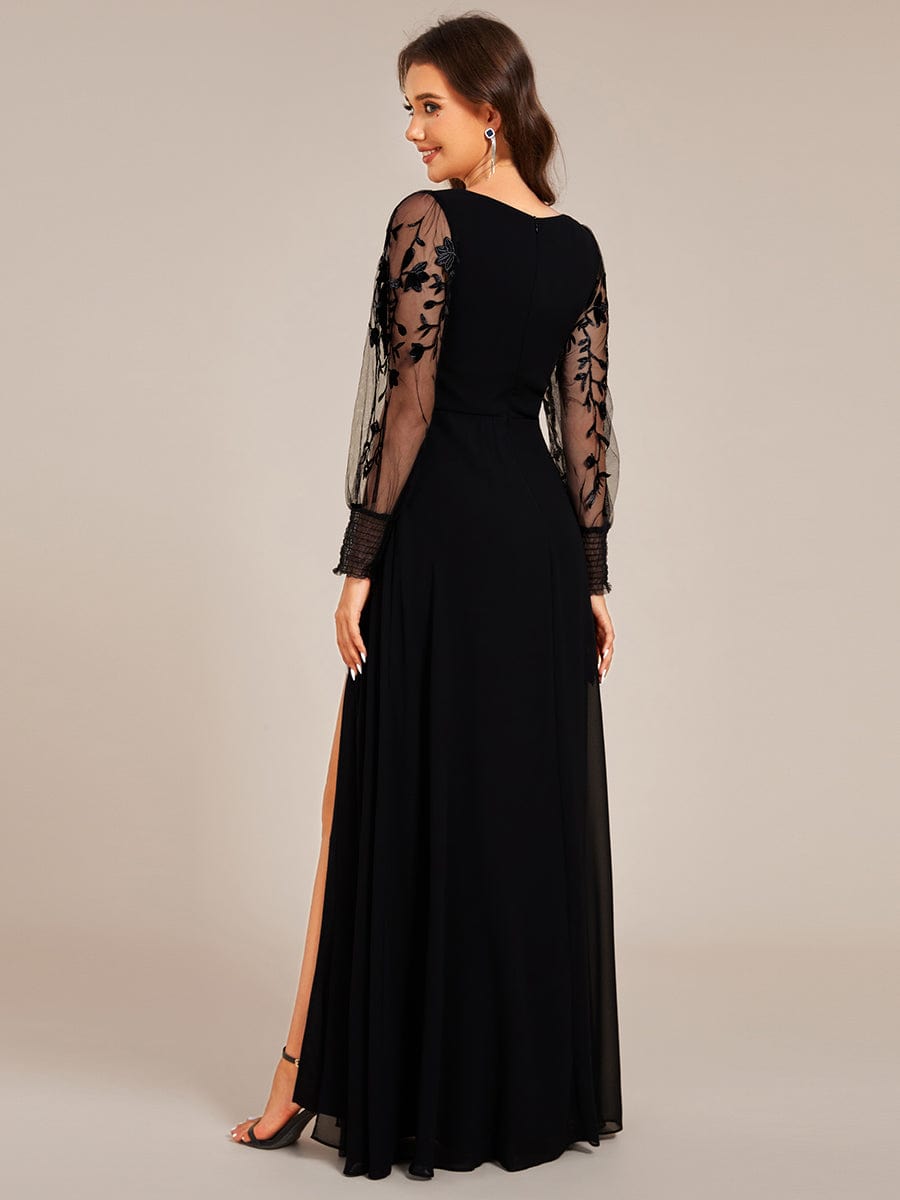 Thigh Split Chiffon Evening Maxi Dress With Sheer Embroidered Long Sleeves