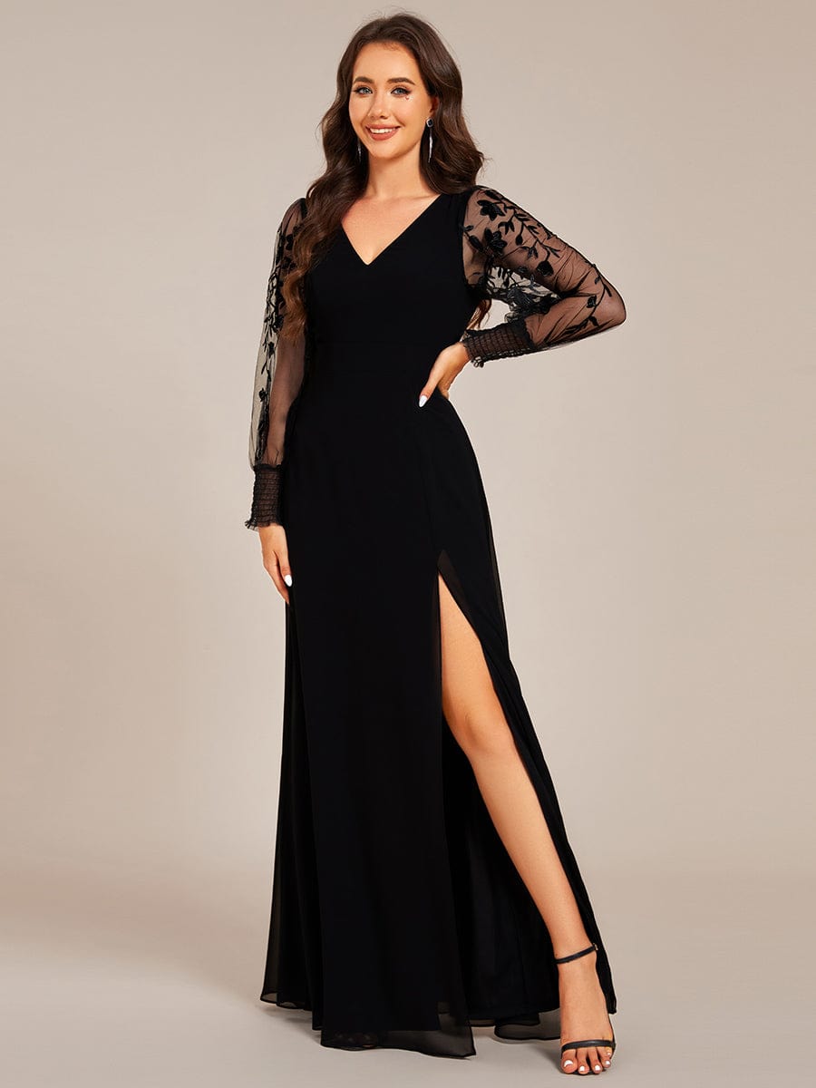 Thigh Split Chiffon Evening Maxi Dress With Sheer Embroidered Long Sleeves #color_Black