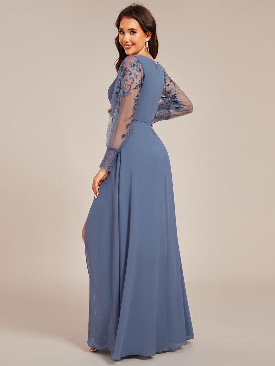 Thigh Split Chiffon Evening Maxi Dress With Sheer Embroidered Long Sleeves #color_Dusty Navy