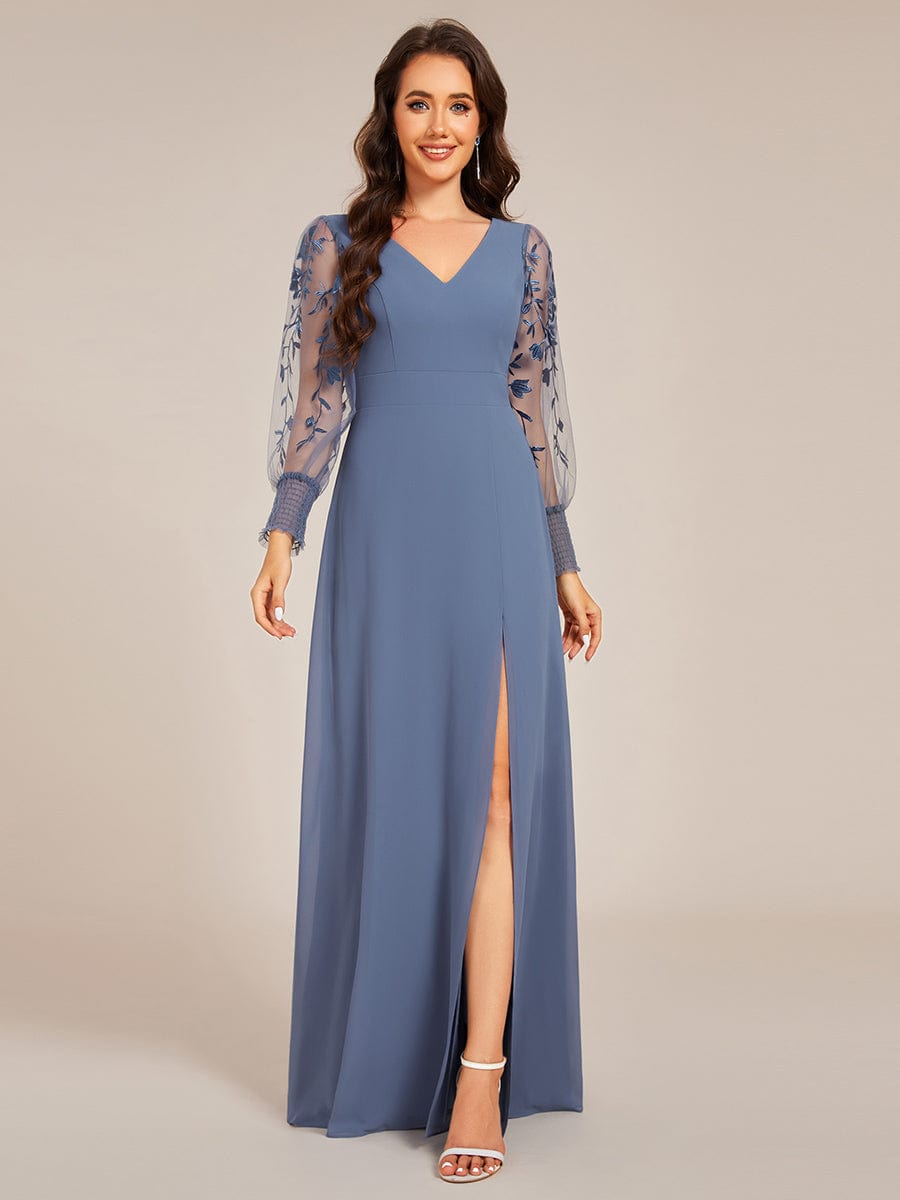 Thigh Split Chiffon Evening Maxi Dress With Sheer Embroidered Long Sleeves #color_Dusty Navy