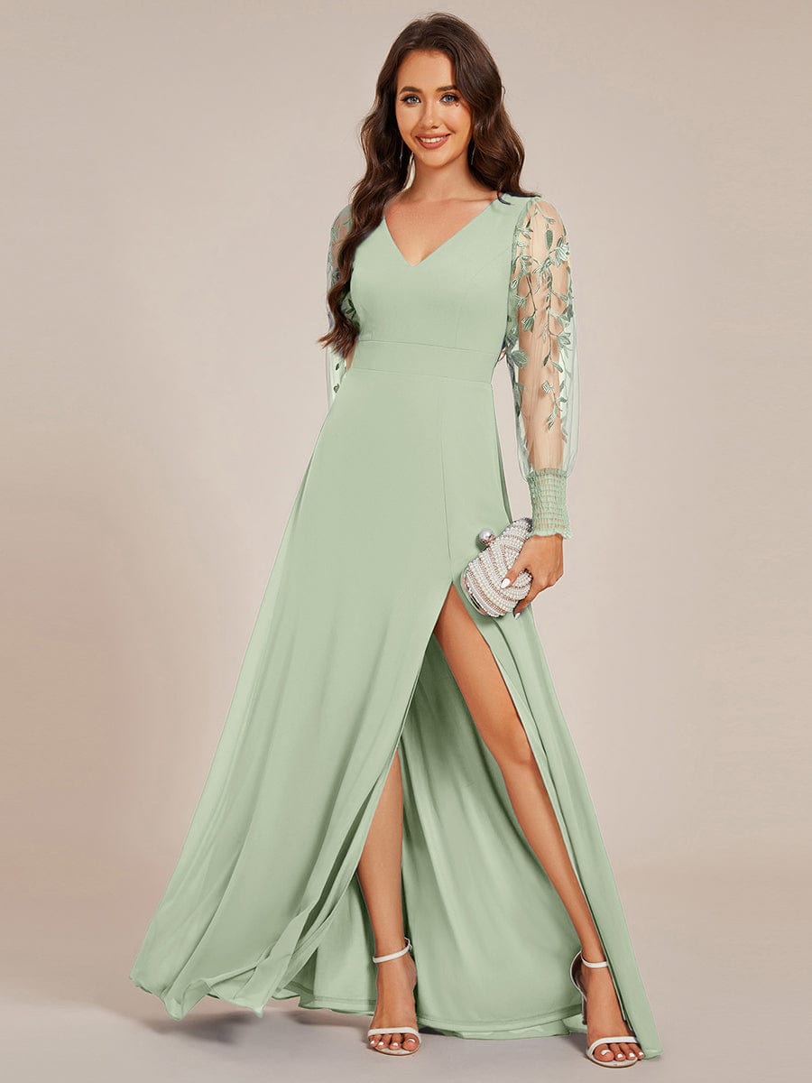 Thigh Split Chiffon Evening Maxi Dress With Sheer Embroidered Long Sleeves #color_Mint Green