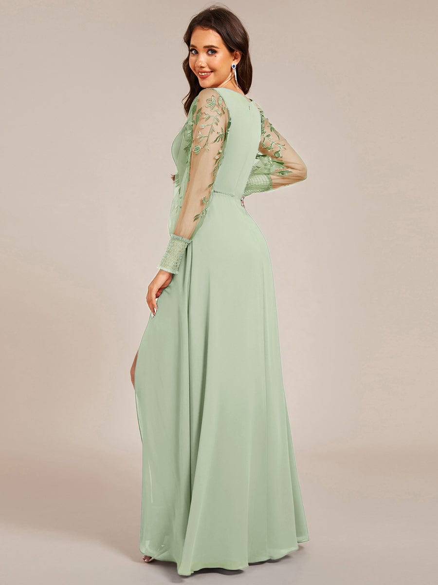 Thigh Split Chiffon Evening Maxi Dress With Sheer Embroidered Long Sleeves #color_Mint Green