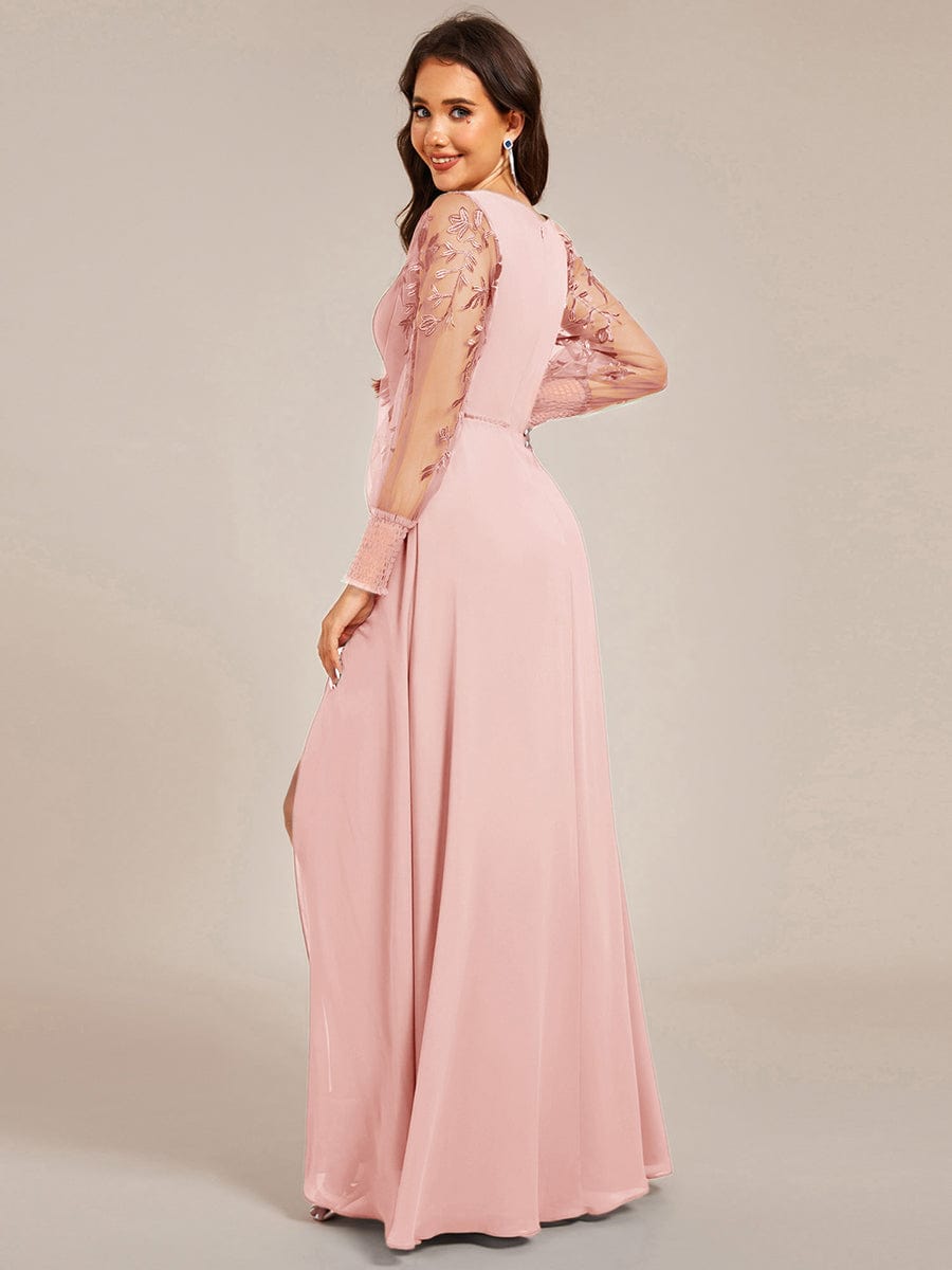 Thigh Split Chiffon Evening Maxi Dress With Sheer Embroidered Long Sleeves #color_Pink