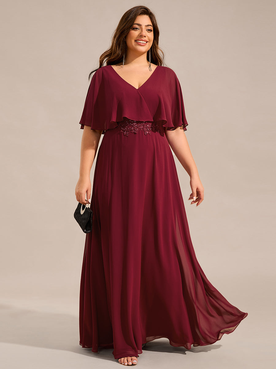 Elegant Plus Size Bat-Wing Sleeves Chiffon Maxi Evening Dress #color_Burgundy