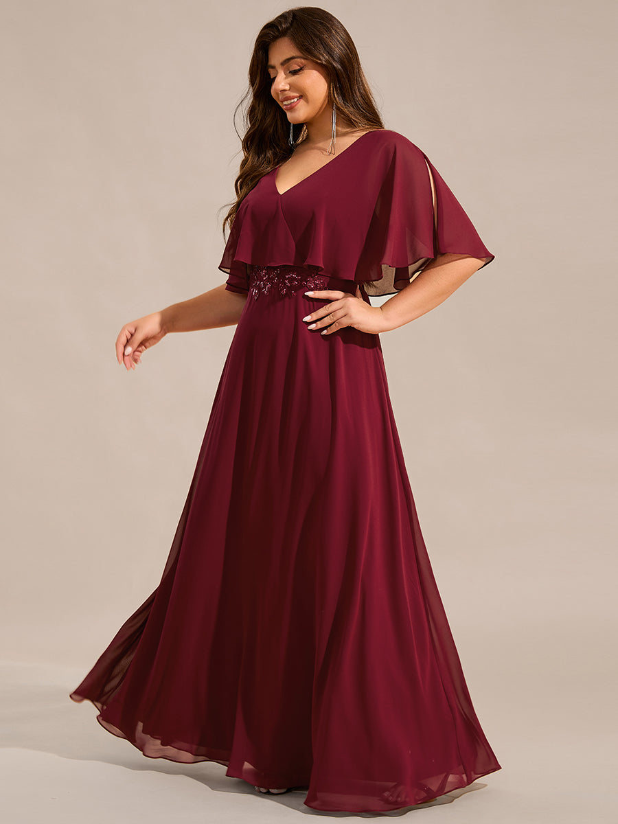 Elegant Plus Size Bat-Wing Sleeves Chiffon Maxi Evening Dress #color_Burgundy