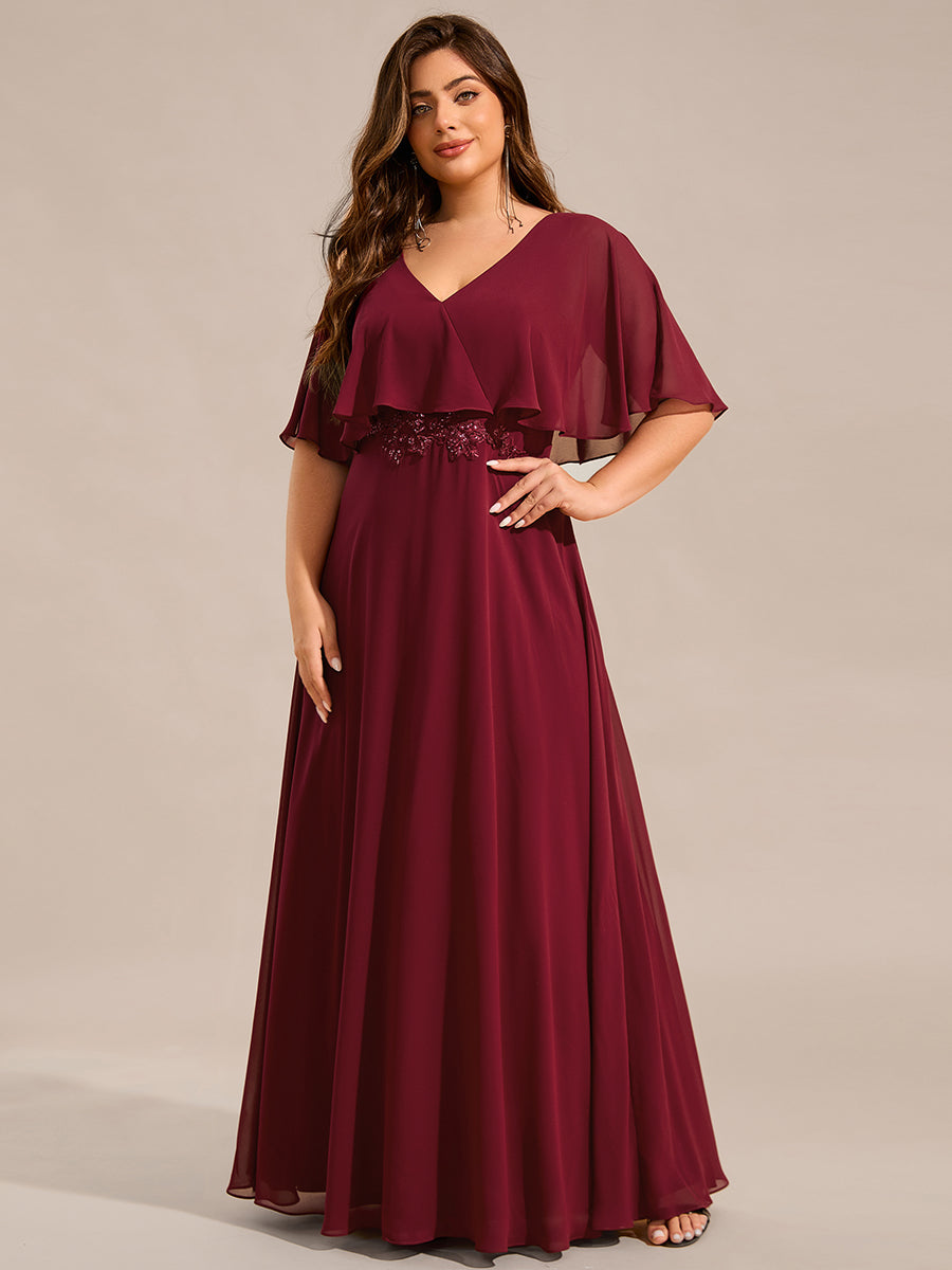 Elegant Plus Size Bat-Wing Sleeves Chiffon Maxi Evening Dress #color_Burgundy